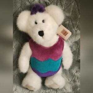White Plush Bear with Purple and Teal Outfit